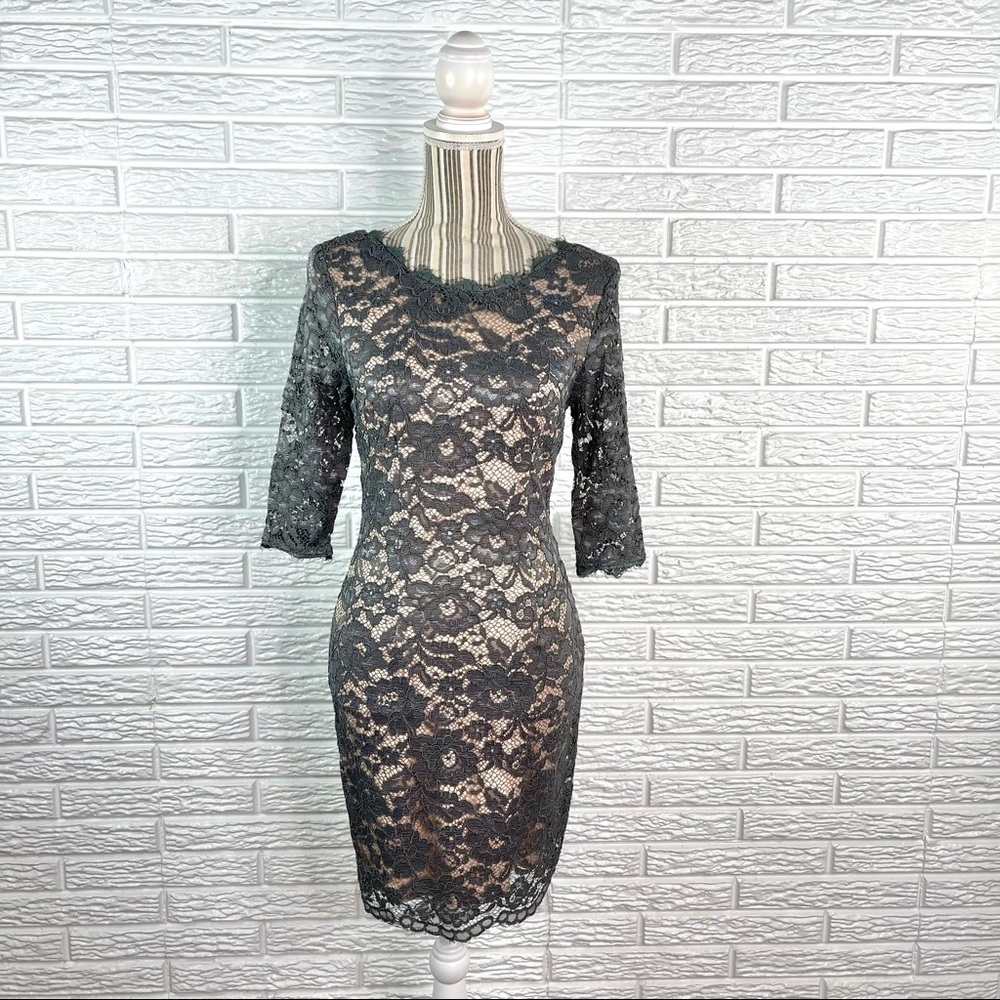 Soieblu Grey and Nude Lace Sheath Cocktail Dress Size Small